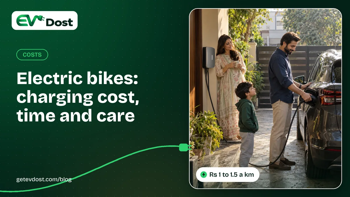 A family stands outside their home in the evening while a car charges at a wall charger