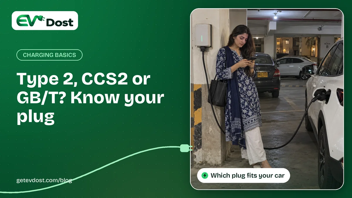 A woman checks her phone in a parking garage while a white SUV charges from a wall-mounted charger