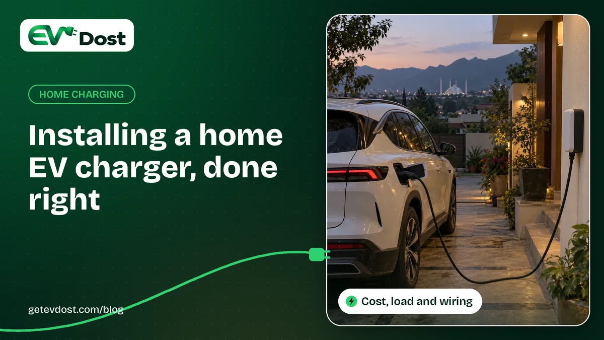 A white electric SUV charges from a wall-mounted charger beside a house at twilight, with hills and a mosque in the distance