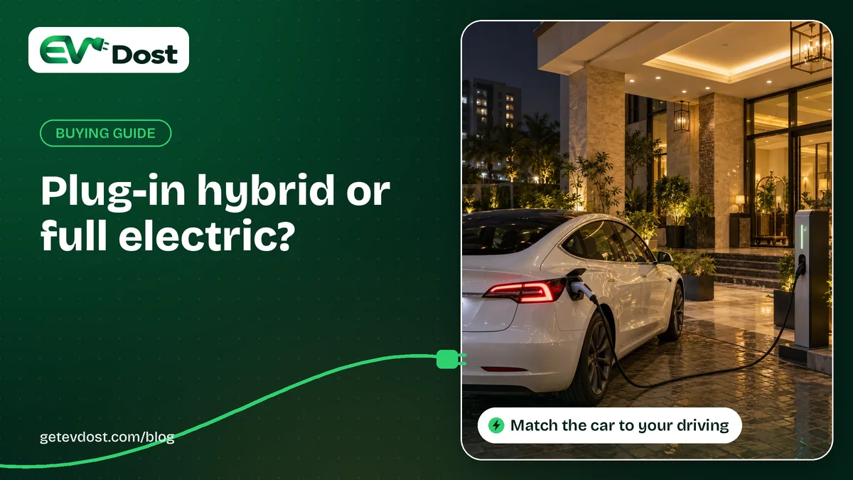 A white electric car charges at a pillar charger outside the lit entrance of a hotel at night