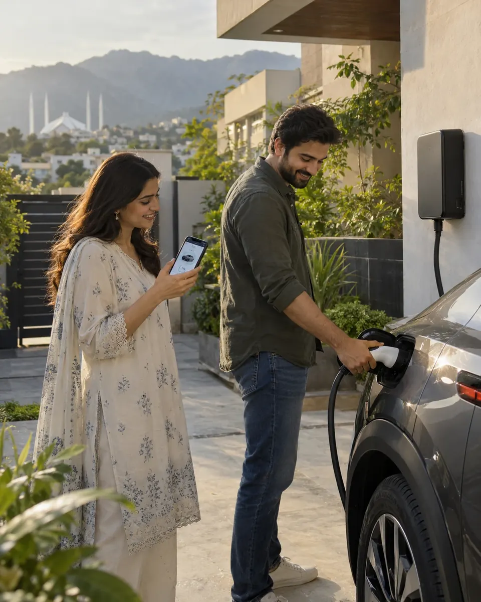 A couple at their home while their car charges at sunset