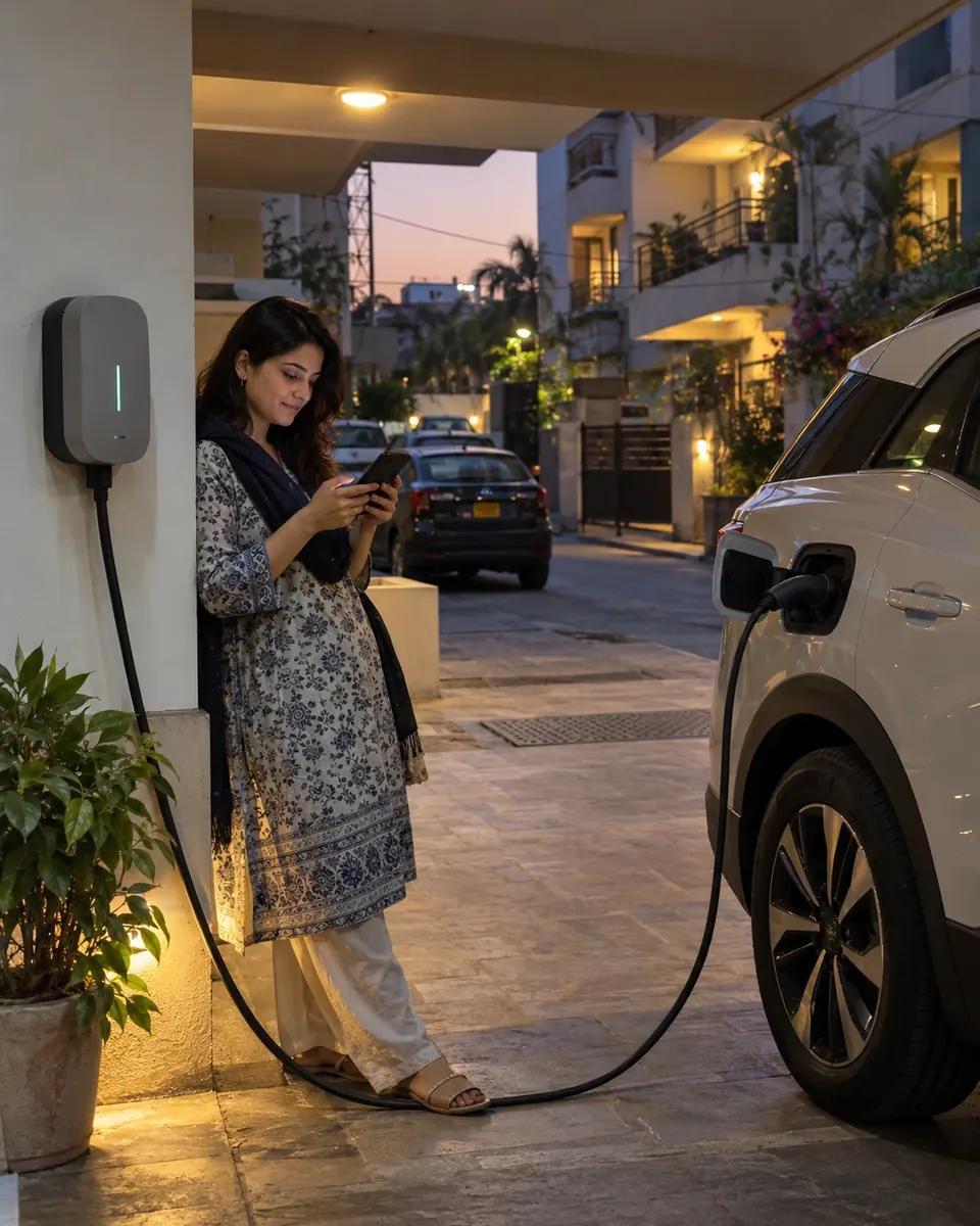 A woman checks her phone while her car charges outside at dusk