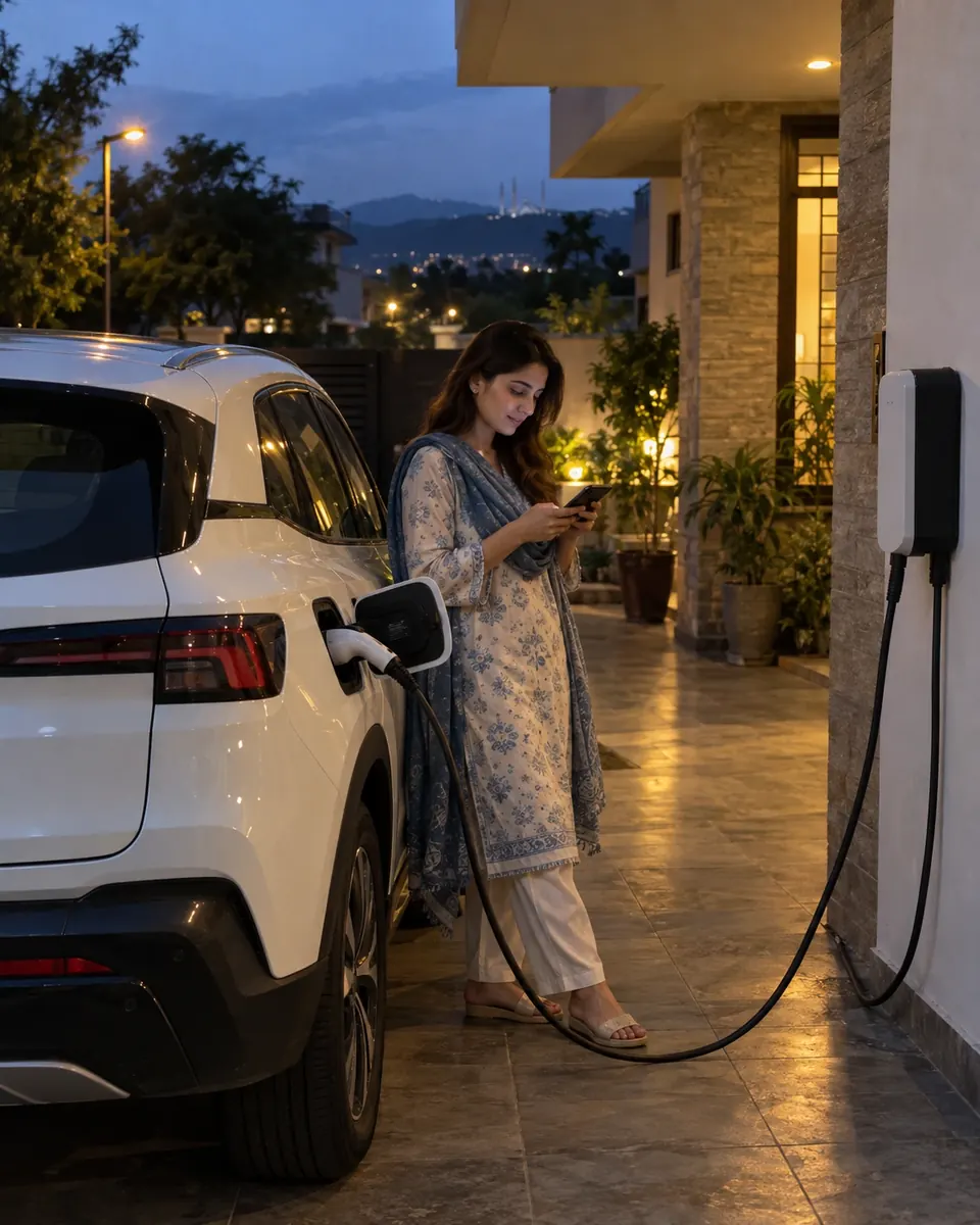 A woman checks her phone while her car charges at home in the evening