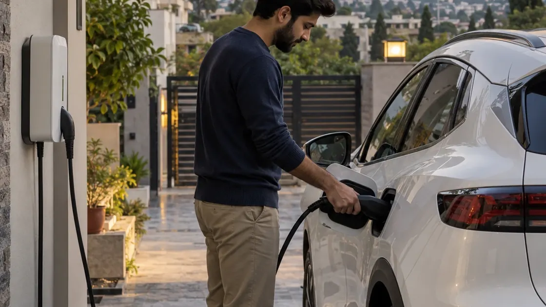 A driver charges his car at dusk with the city and hills behind him