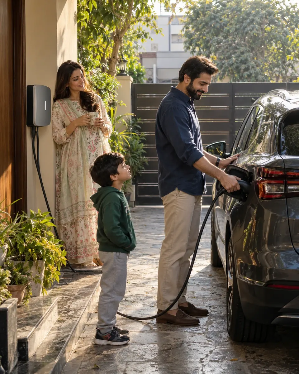 A family together while their car charges at home
