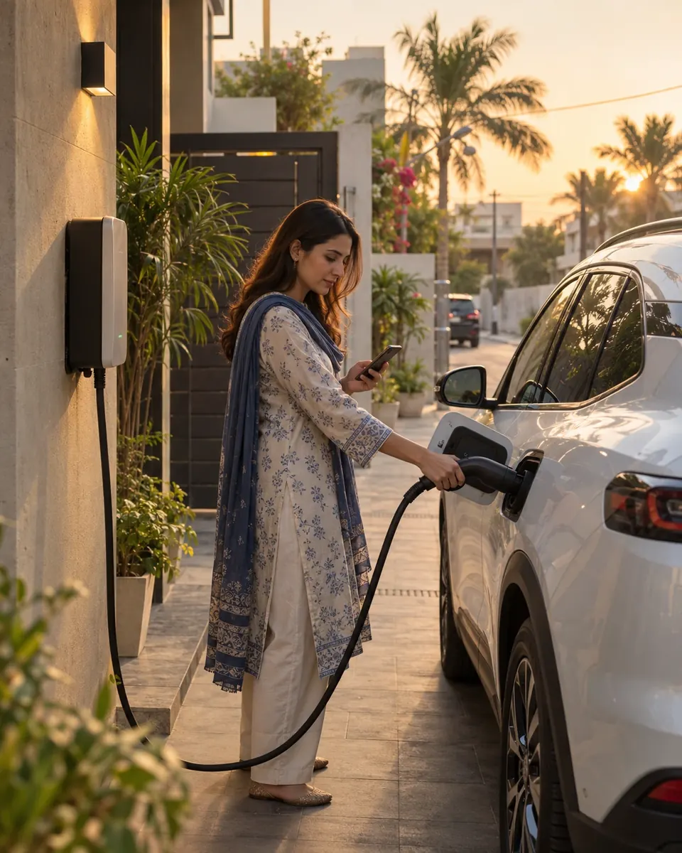 A woman plugs in her white car outside her home at golden hour