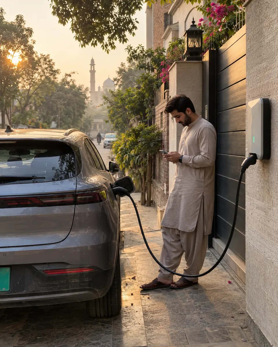 A man stands by his gate next to his wall charger in the evening