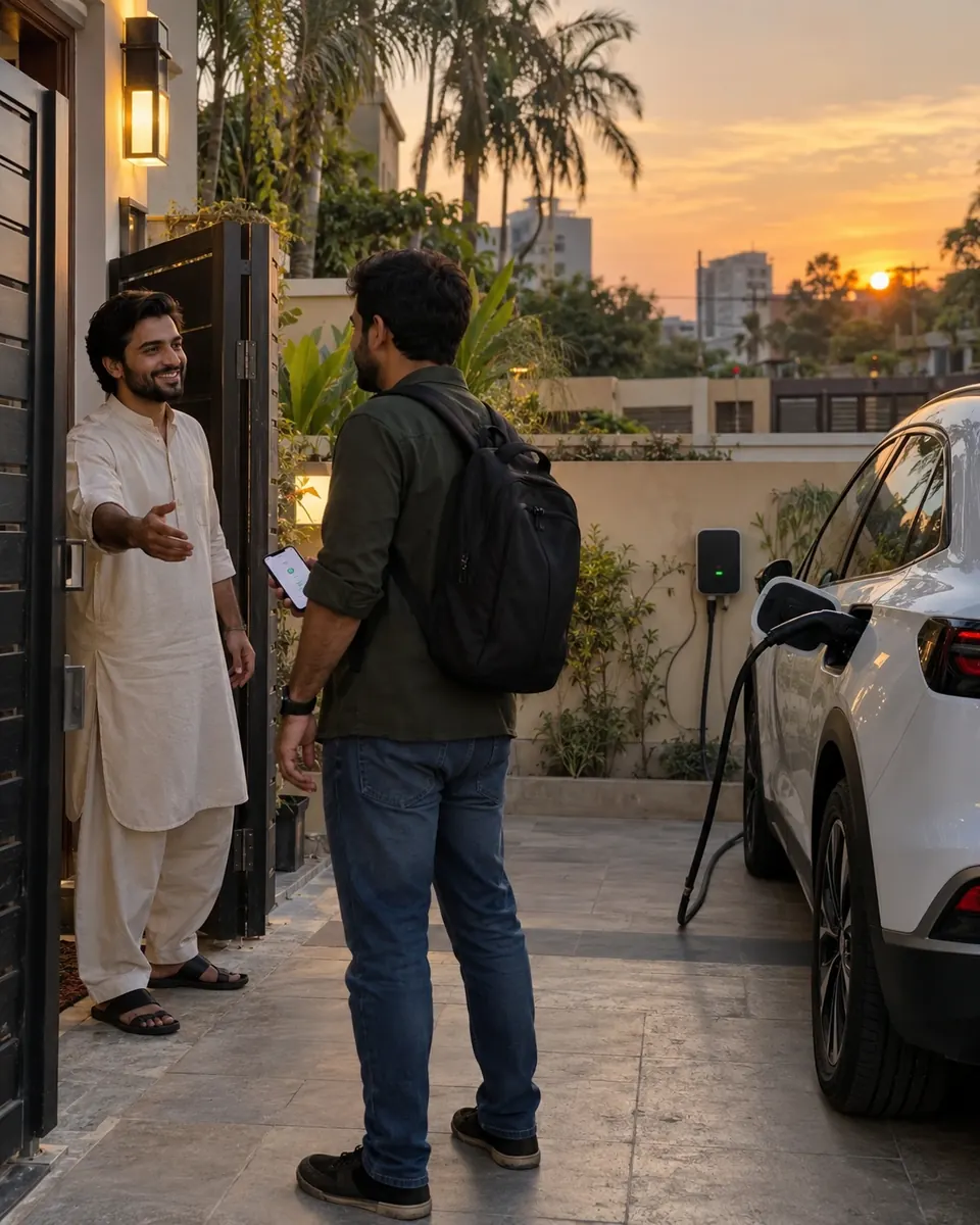 A host welcomes a driver at his gate while an electric car charges in the driveway