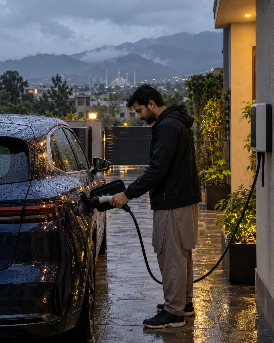 A driver charges his car on a rainy evening with hills in the background